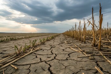 Cracked soil and withered corn remnants in a drought-stricken field, with new green growth emerging under cloudy sky and harsh conditions