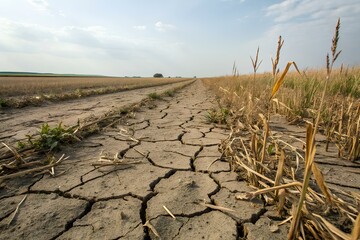 Cracked rural pathway cutting through a drought-affected field with dry crops and parched earth beneath a dramatic sky, symbolizing hardship