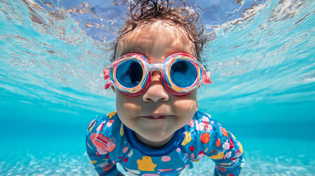 Child with goggles swimming underwater in pool - Powered by Adobe