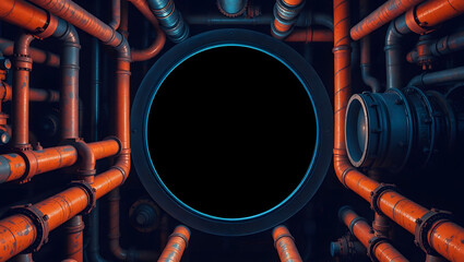 Industrial Pipework Circle: A mesmerizing circular opening framed by an intricate network of industrial pipes, showcasing a blend of textures, colors, and shapes within a dark, enigmatic setting.
