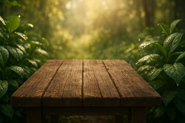 Serene Wooden Table Surrounded by Lush Green Foliage | Tranquil Nature Vibes