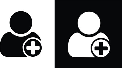 Vector add user icon with plus glyph. Two-tone version on black and white background.