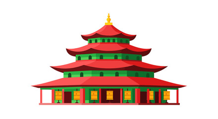 A vibrant illustration of a five-tiered East Asian pagoda, showcasing its red roofs and green eaves against a white background.