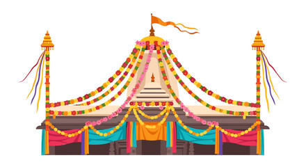 Fototapeta premium Ornate Hindu temple facade adorned with colorful garlands and flags, a vibrant representation of religious celebration.