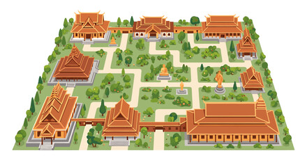 A stylized map of a Thai temple complex, showcasing numerous buildings and gardens.