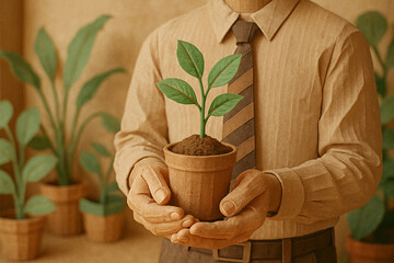 Hyper-Detailed Digital Art: Man in Beige Sweater Holding Potted Plant with Green Leaves v2