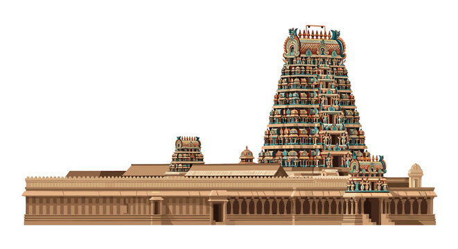 A detailed view of a traditional Hindu temple with a tall, ornate tower, set against a plain white background.