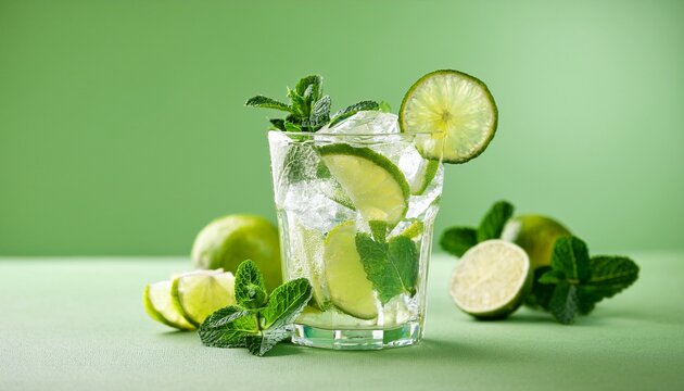 clear glass of mojito cocktail with lime slices and mint sprig on light green background