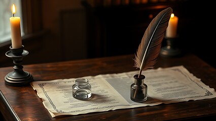 Vintage desk setup with a feather quill and inkwell on aged parchment.