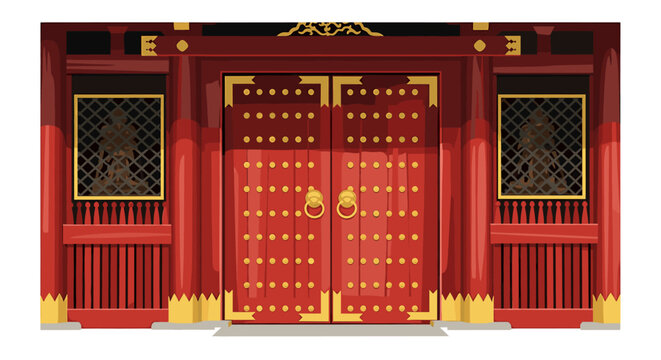 A vibrant illustration of a traditional Chinese temple entrance, detailed and ornate.