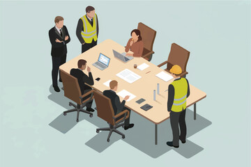 Diverse team of professionals including construction workers and executives in a meeting discussing project plans on a table isolated on white background
