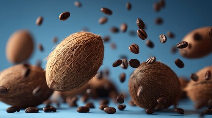 Coconuts and coffee beans close up