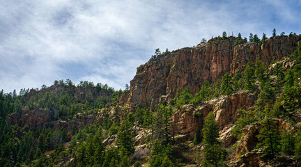 Jagged red cliffs rise above dense pine forest along Phantom Canyon Road near Cañon City,...