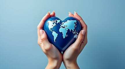 Hands holding a heart shaped globe on blue background
