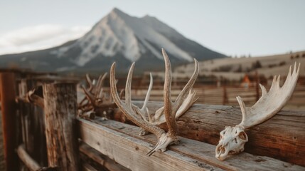 Deer antlers and skulls on rustic wooden fence
