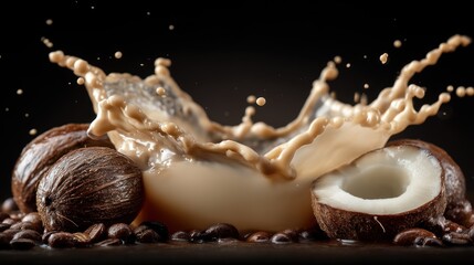 Coconut and nutmeg with coffee beans and liquid splash
