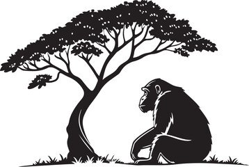 Silhouette of a gorilla sitting under a shady african tree in a black and white scene