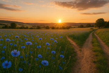 Dramatic Sunset Landscape: Scenic Country Road Through Flowering Blue Cornflower Field
