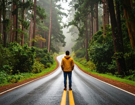 Person standing on a road in a misty forest