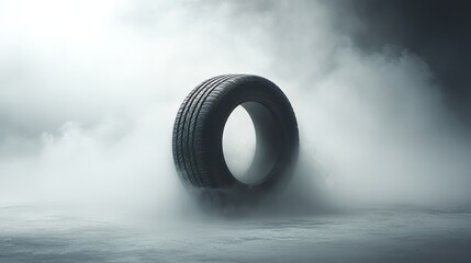 Dramatic car tire spinning on a misty road, creating an ethereal vapor trail. This powerful automotive imagery symbolizes speed and motion.