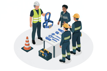 Diverse team of construction workers in safety gear gathered around a table with tools and safety equipment isolated on white background