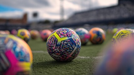 Colorful soccer balls on a sports field