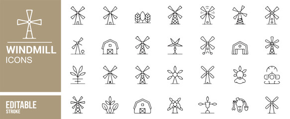 Eco and Sustainable Windmill Line Art Icons for Illustrations and Websites