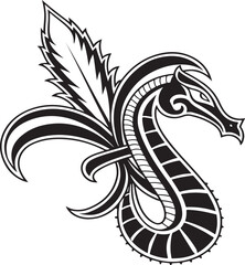 Elegant black and white vector illustration of a mythical dragon creature design