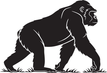 Fototapeta premium Silhouette illustration of a powerful silverback gorilla walking on grassy terrain with detailed outlines