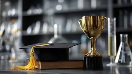 Graduation cap and gold trophy in a lab