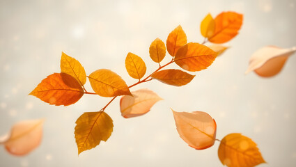 Autumnal Branch Embrace: A delicate branch, adorned with vibrant, autumnal leaves, dances gracefully against a soft, ethereal background.