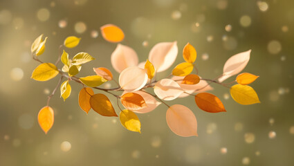 Autumnal Branch: A delicate branch adorned with vibrant, colorful leaves in a serene display of autumn beauty, with bokeh effects enhancing the gentle, natural aesthetic.