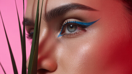 Ethereal Beauty: A close-up captures a captivating gaze framed by intricate blue eyeliner and lush greenery, evoking a sense of delicate and mesmerizing aesthetics