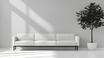 Modern minimalist living room interior with white sofa and plant