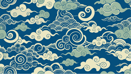 Traditional Japanese swirling clouds pattern in blue and cream Japanese clouds cloud pattern