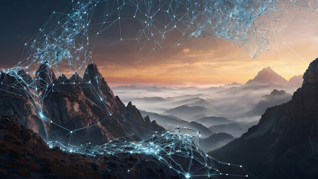 A surreal digital illustration of a mountain range covered in a luminous web of interconnected data points and neural network structures, set against a dramatic sunrise.