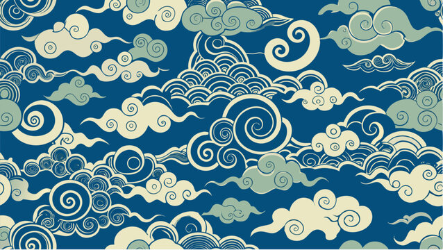 Traditional Japanese swirling clouds pattern in blue and cream Japanese clouds cloud pattern
