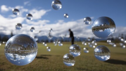 Glass spheres reflecting a golf course