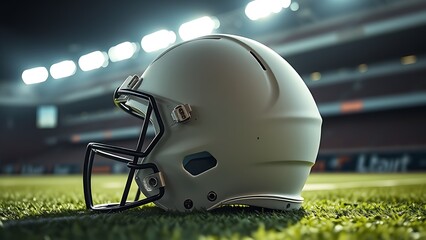 American football helmet on green turf under dramatic lighting, capturing sports intensity.