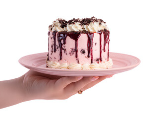  hand holding a cake on a plate, isolated against a background
