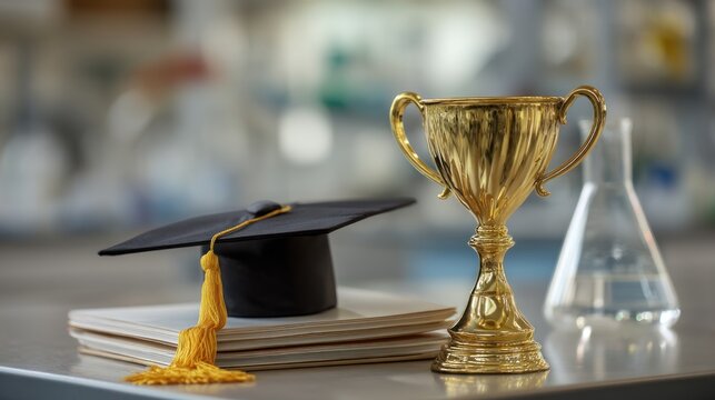 Graduation cap and gold trophy on a table