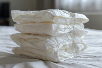Stack of incontinence products is sitting on a bed, ready to be used