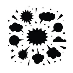 Black comic book explosion shapes and speech bubbles on white burst boom 1