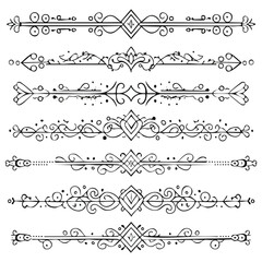 Obraz premium Collection of eight black and white ornamental line art dividers with floral and geometric elements
