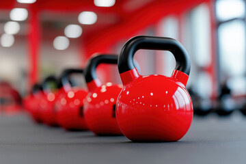 Row of bright red kettlebells with black handles lined up neatly on a gym floor in a modern fitness center