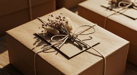A gift box of eco products wrapped with dried flowers, kraft paper, and cotton twine. Emphasizes thoughtful sustainability.