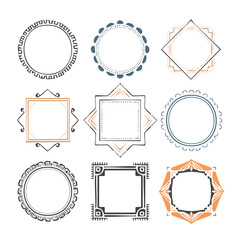 Collection of nine hand drawn decorative frames in various shapes and colors border