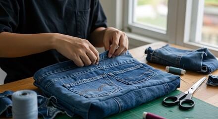 Local designer modifying and stitching old denim jeans into a trendy bag, promoting upcycling in fashion.
