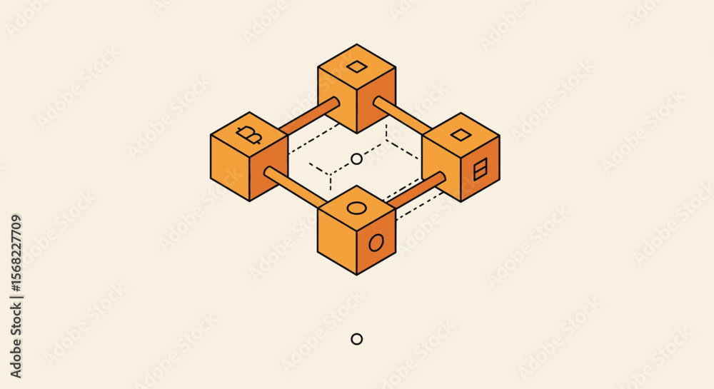 Poster interconnected orange cubes representing blockchain technology with bitcoin symbol