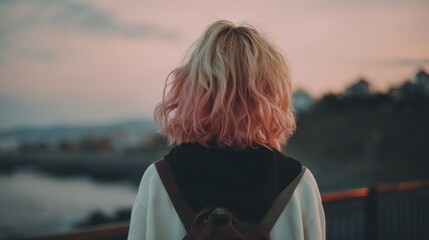 Woman with pink hair at sunset